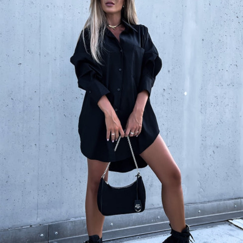Women's Oversized Shirt Dress - Button-Up - Long Sleeve - Relaxed Fit Casual Wear