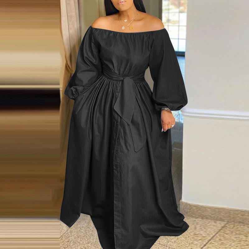 Women's Maxi Dress - Off-the-Shoulder - Long Sleeve - Button-Down with Waist Tie