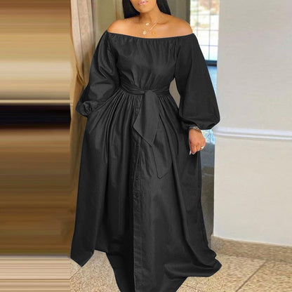 Women's Maxi Dress - Off-the-Shoulder - Long Sleeve - Button-Down with Waist Tie