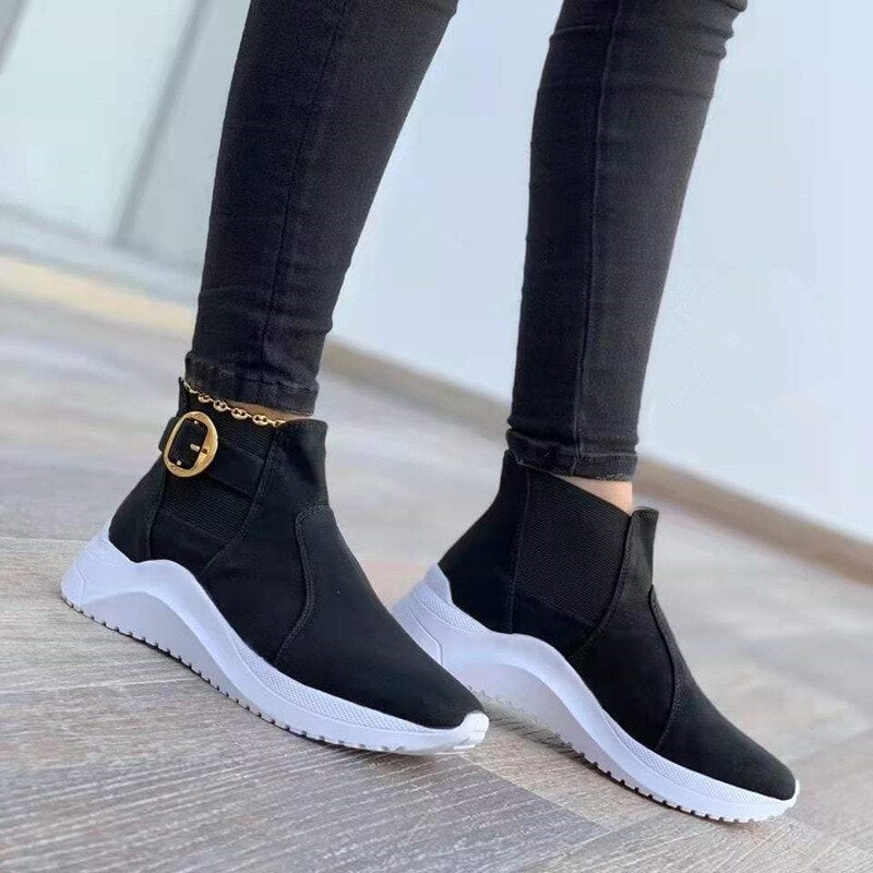 Women's Ankle Boots - Sleek Faux Leather - Platform Sole - Slip-On with Buckle Strap