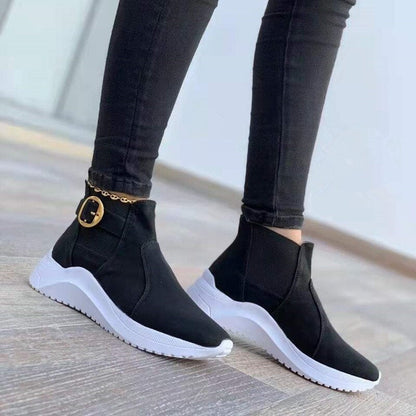 Women's Ankle Boots - Sleek Faux Leather - Platform Sole - Slip-On with Buckle Strap
