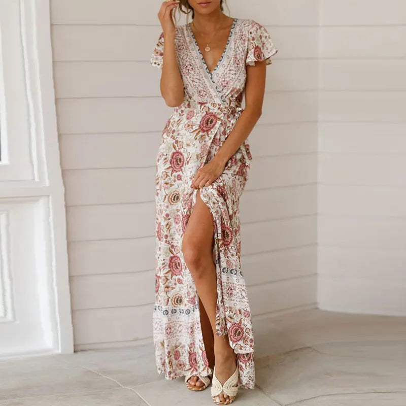 Women's Maxi Dress - Bohemian Wrap Style - Deep V-Neck - Short Flutter Sleeves - High Slit