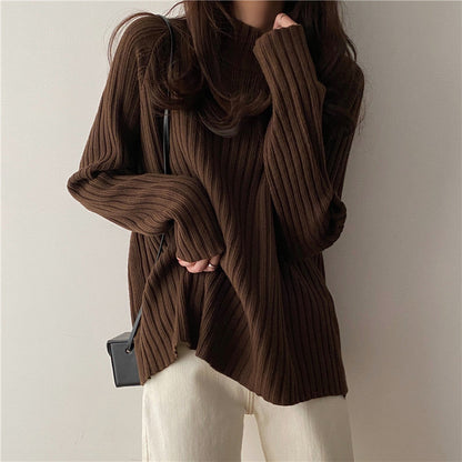 Women’s Knit Sweater - Ribbed Texture - Mock Turtleneck - Long Sleeve Relaxed Fit