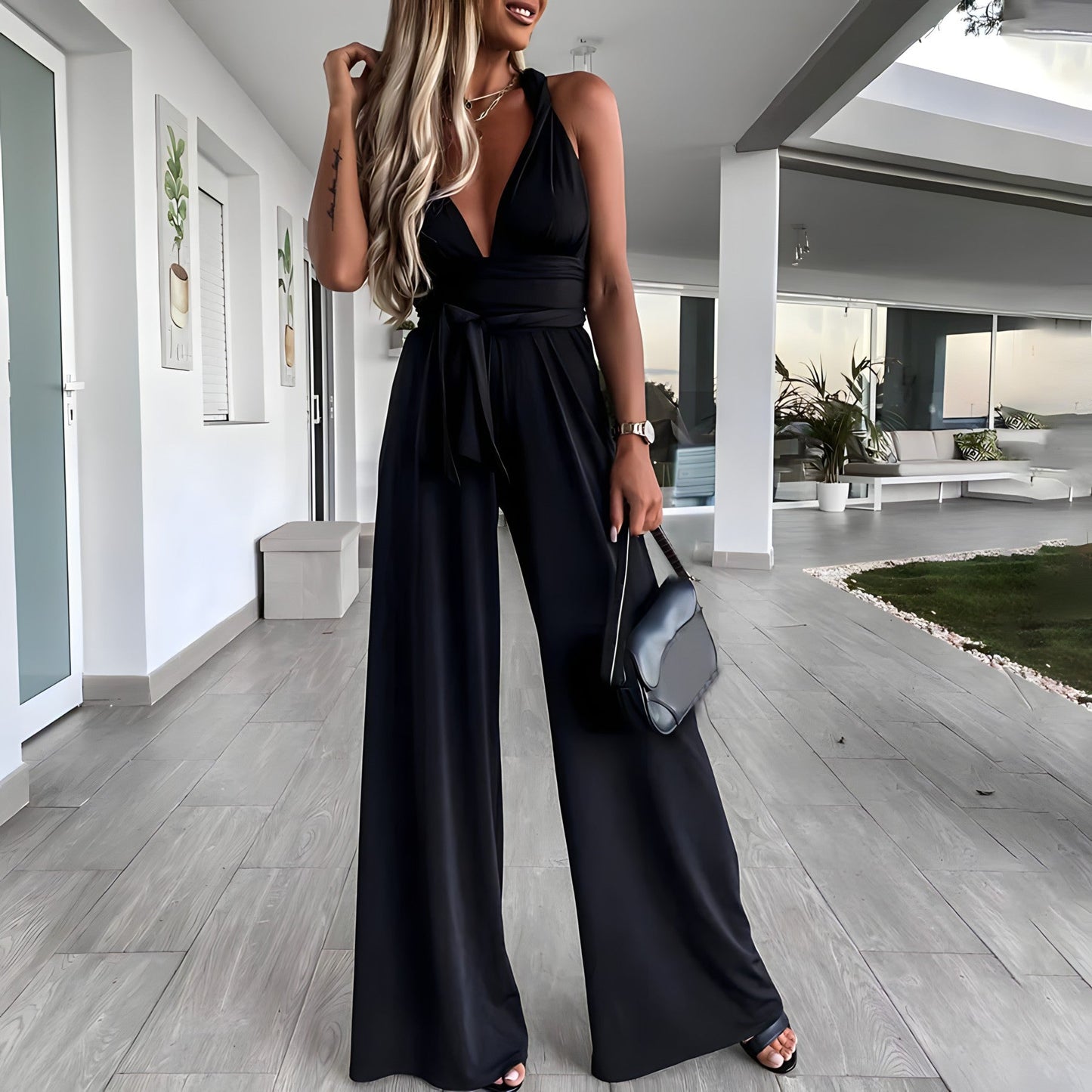 Women's Jumpsuit - Deep V-Neck - Off-Shoulder - Tie Waist - Wide-Leg Flowy Fit