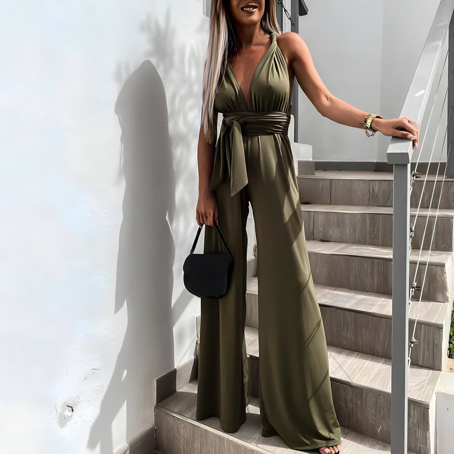 Women's Jumpsuit - Deep V-Neck - Off-Shoulder - Tie Waist - Wide-Leg Flowy Fit