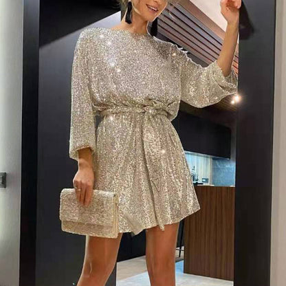 Women's Sequin Mini Dress - Long Sleeve - Round Neck - Belted Waist - Party Wear