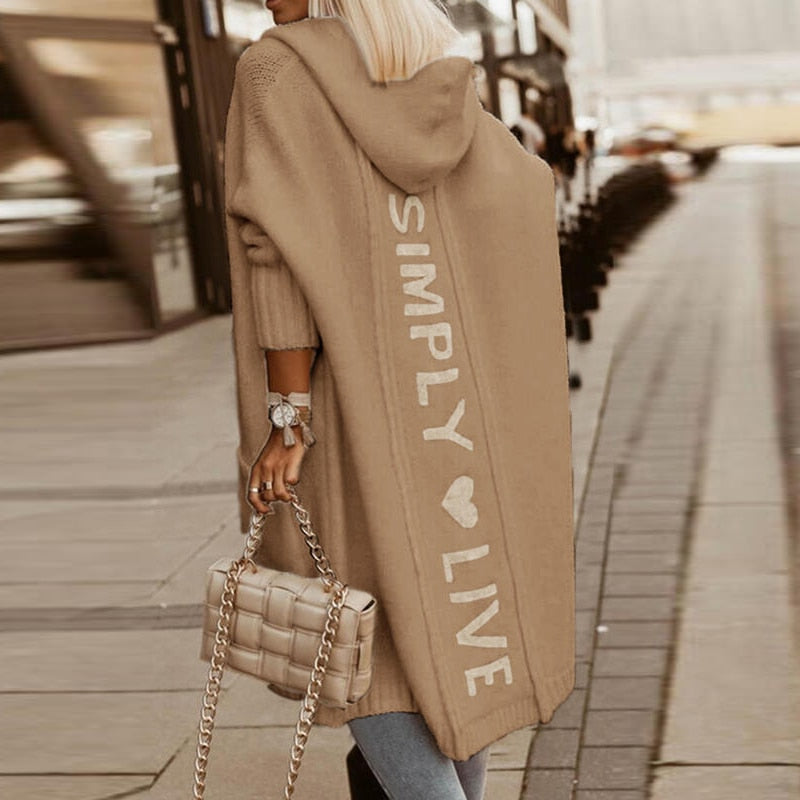 Women's Hooded Knit Cardigan - Long Open Front - Relaxed Fit - Soft & Comfortable