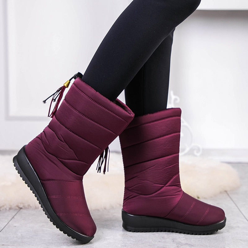 Women's waterproof ultra-light faux fur lined tassel snow boots