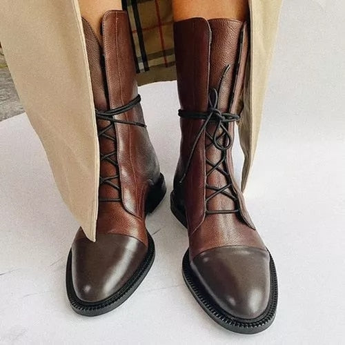 Women's biker boots with cross strap design