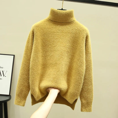 Women's high collar loose thickened imitation mink fleece sweater