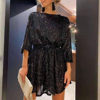 Women's Sequin Mini Dress - Long Sleeve - Round Neck - Belted Waist - Party Wear