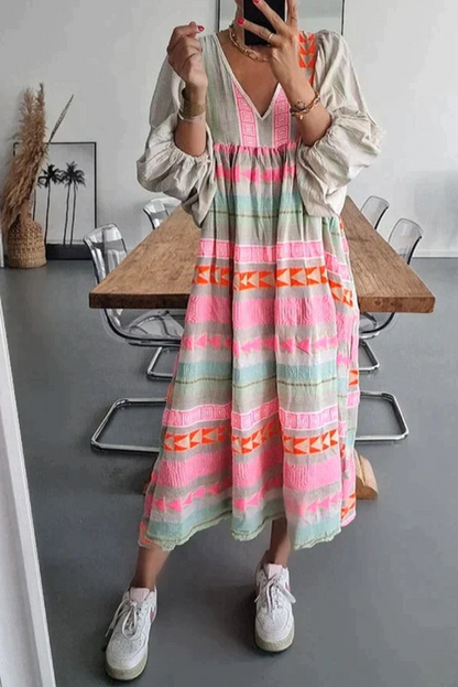 Spitze Langes Sommerkleid mit den Farben Blau, Rosa und Grau
