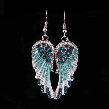Women's Dangle Earrings - Angel Wing Design - Crystal Embellished - Feather Texture
