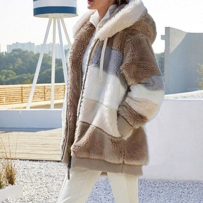 Women's warm plush hooded coat with color contrast stripe