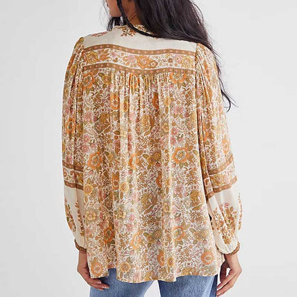 Women's Bohemian Blouse - Floral Print - Long Sleeve - Loose Fit - V-Neck Tassel Detail