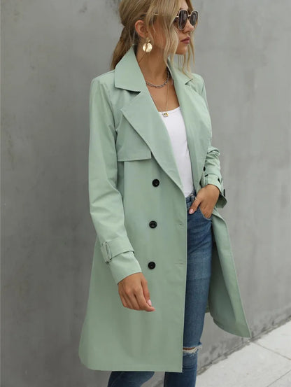 Women's casual double-breasted  belted lapel neck trench coat