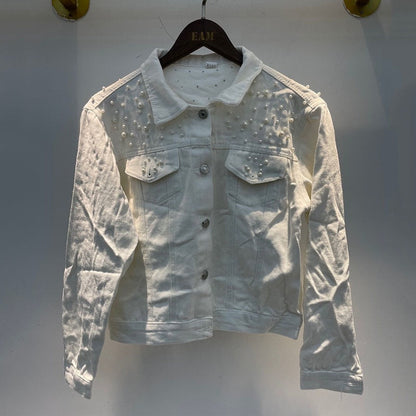 Women denim jacket with bead accents
