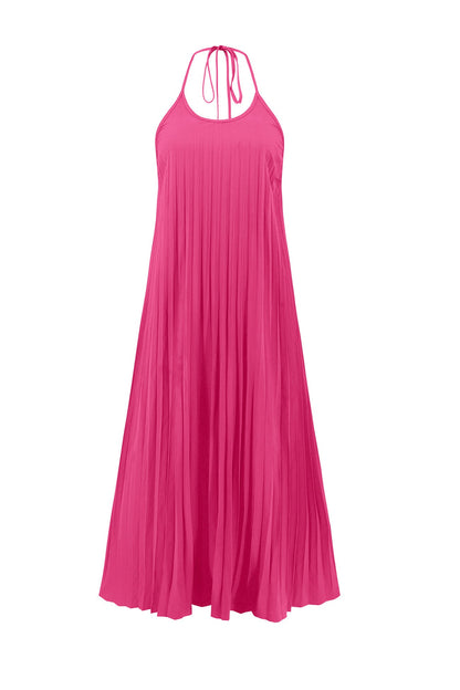 Women's Maxi Dress - Halter Neck - Pleated Flowing Fit - Side Slit Elegant Style