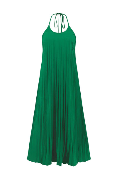 Women's Maxi Dress - Halter Neck - Pleated Flowing Fit - Side Slit Elegant Style