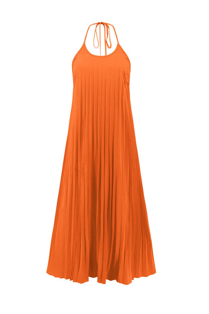 Women's Maxi Dress - Halter Neck - Pleated Flowing Fit - Side Slit Elegant Style