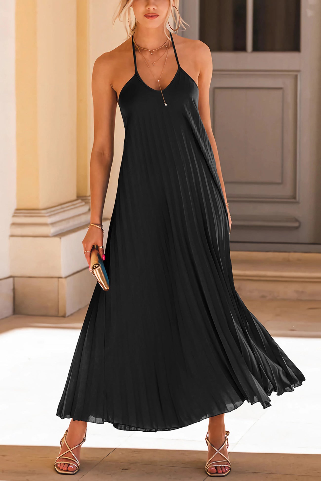 Women's Maxi Dress - Halter Neck - Pleated Flowing Fit - Side Slit Elegant Style