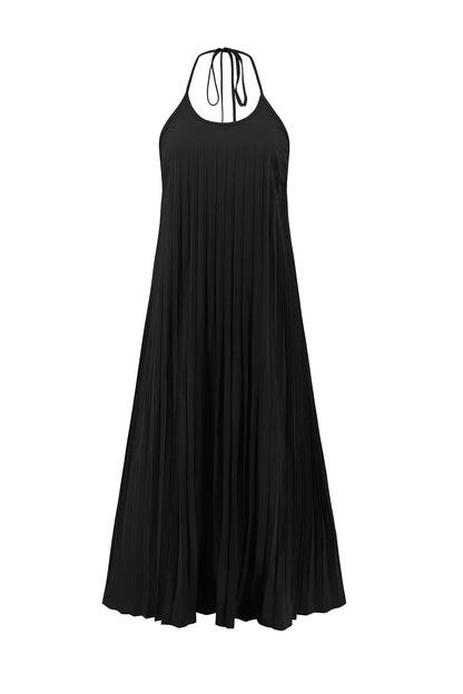 Women's Maxi Dress - Halter Neck - Pleated Flowing Fit - Side Slit Elegant Style