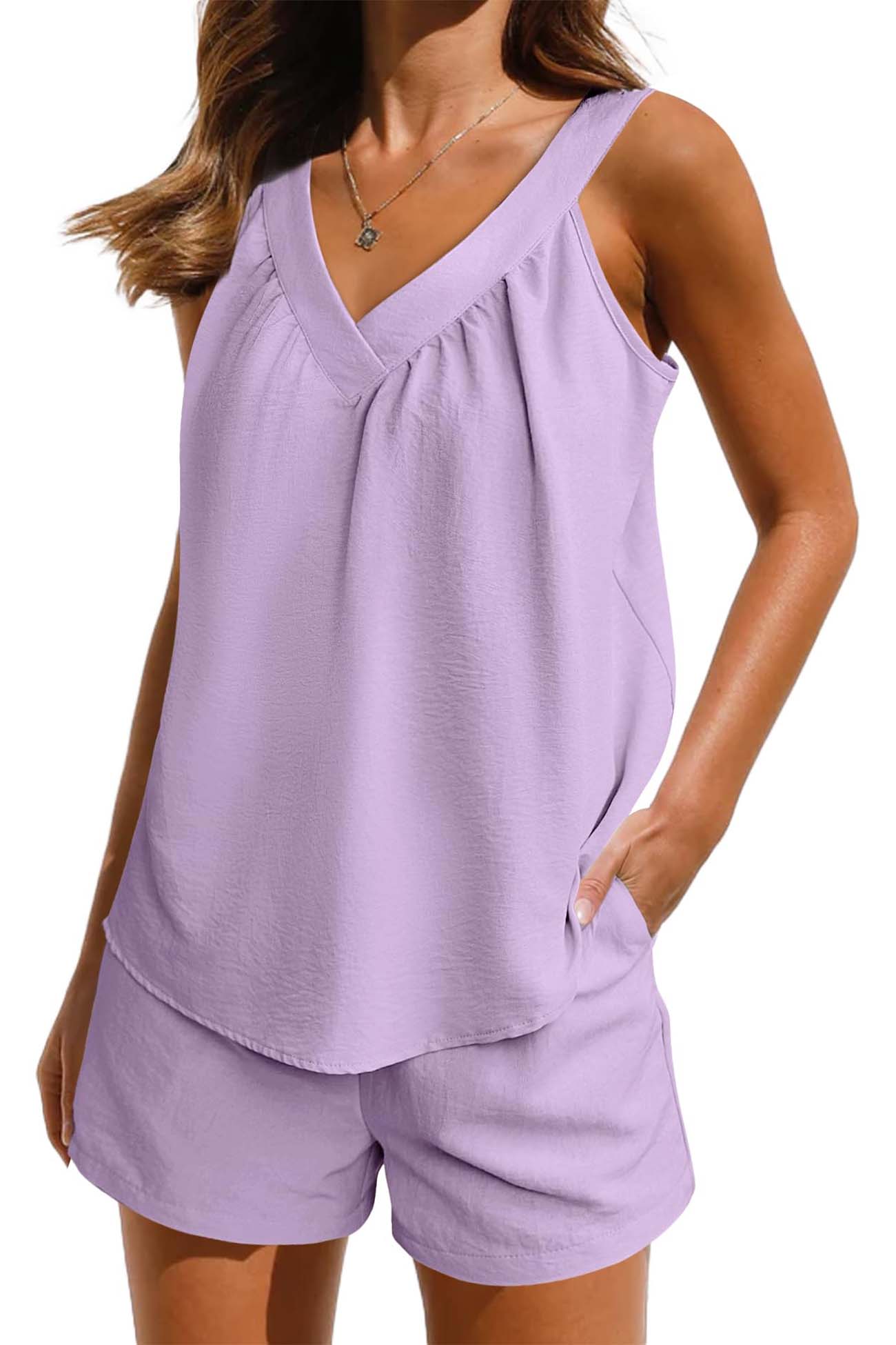 Women's Pajama Set - V-Neck Tank Top & Elastic Waist Shorts - Soft & Breathable
