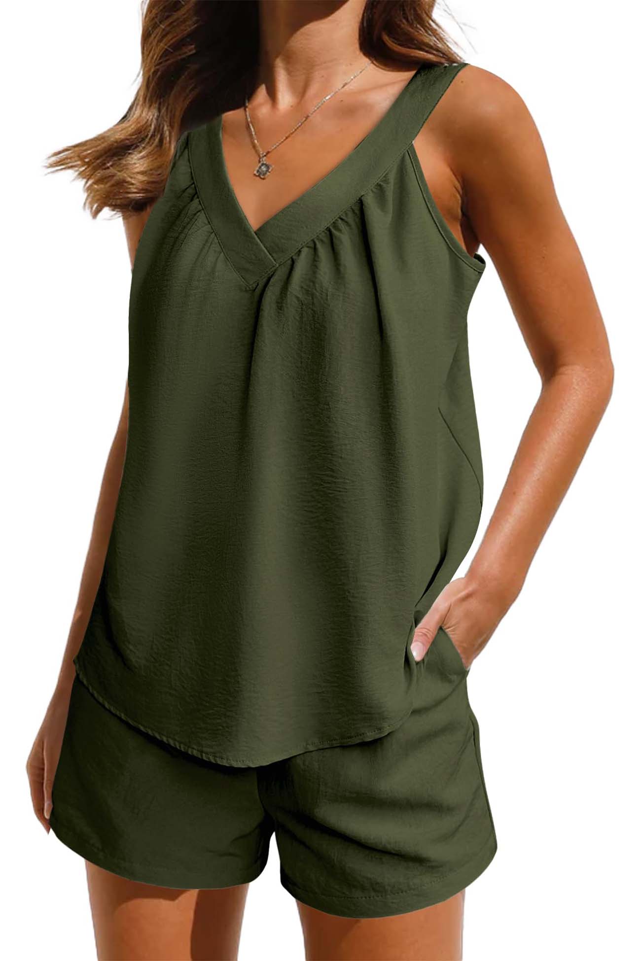 Women's Pajama Set - V-Neck Tank Top & Elastic Waist Shorts - Soft & Breathable