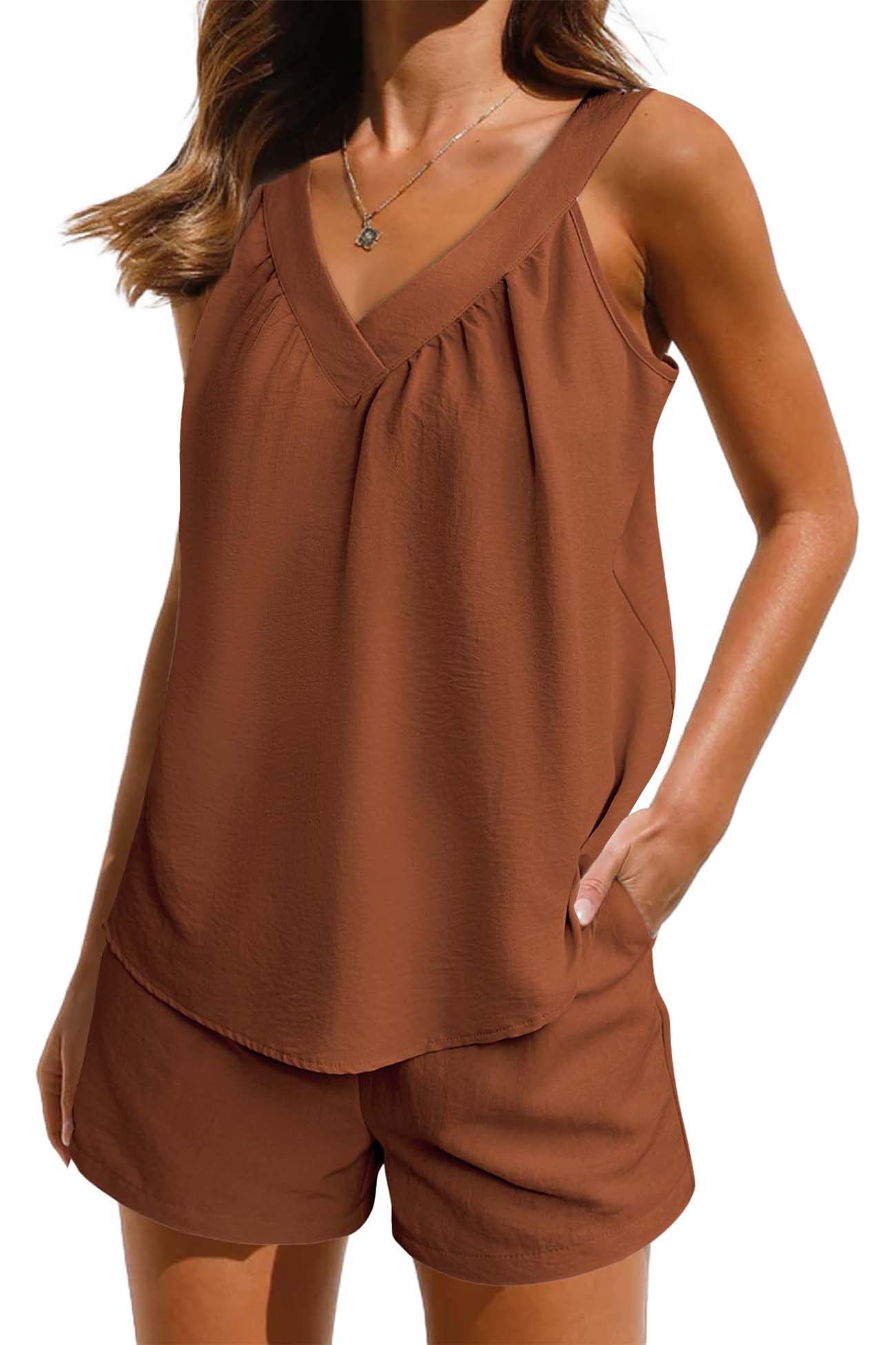 Women's Pajama Set - V-Neck Tank Top & Elastic Waist Shorts - Soft & Breathable