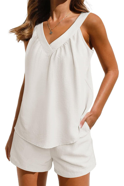 Women's Pajama Set - V-Neck Tank Top & Elastic Waist Shorts - Soft & Breathable
