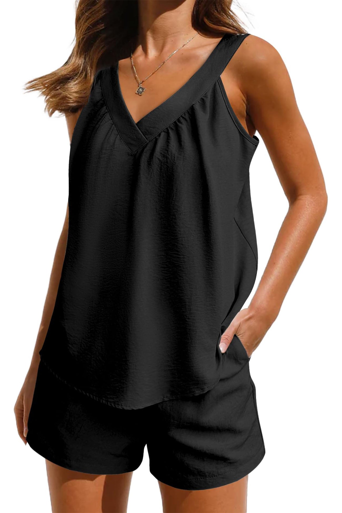Women's Pajama Set - V-Neck Tank Top & Elastic Waist Shorts - Soft & Breathable