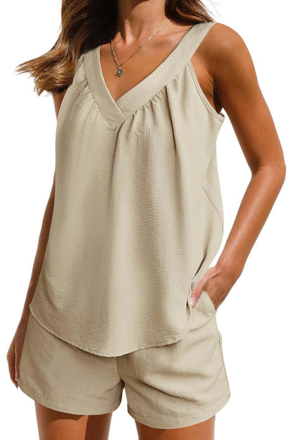 Women's Pajama Set - V-Neck Tank Top & Elastic Waist Shorts - Soft & Breathable