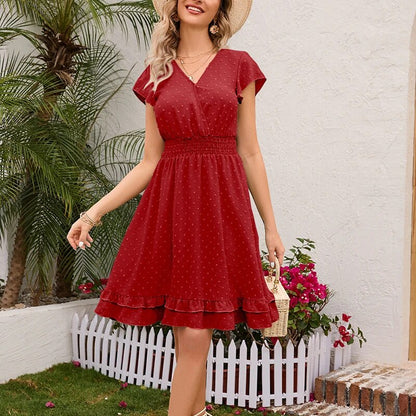 Women's V-Neck Dress - Short Flutter Sleeve - Elastic Waist - Ruffle Hem A-Line