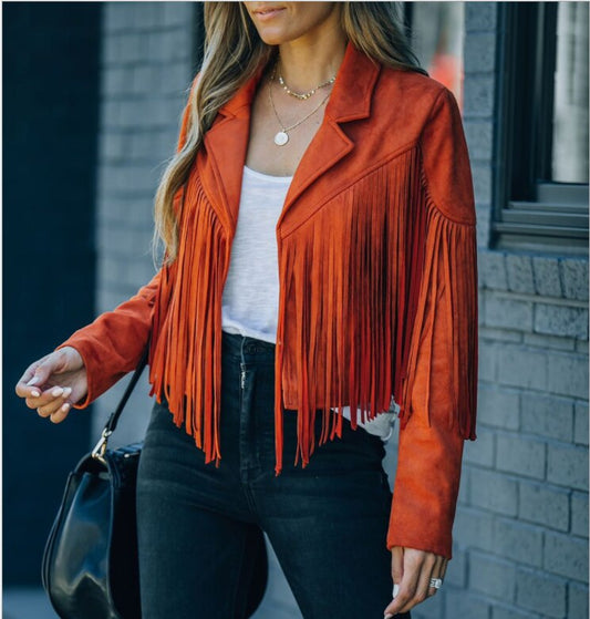 Fringe Cropped Tailored Suede Jacket