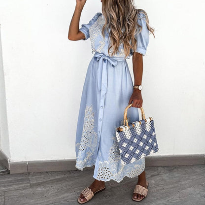 Women’s Midi Dress – Breathable Blend – Embroidered – Button-Down – Puffed Sleeve – Belted