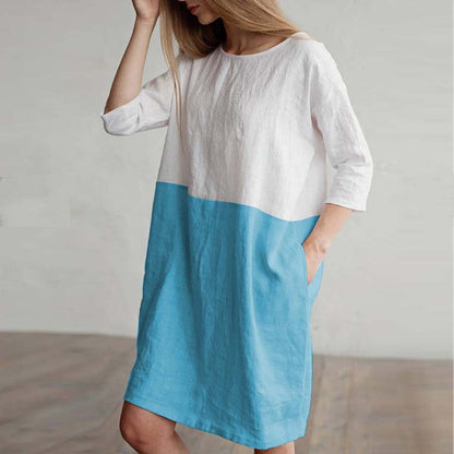 Women's A-Line Dress - 100% Linen - Boat Neck - 3/4 Sleeve - Casual Loose Fit