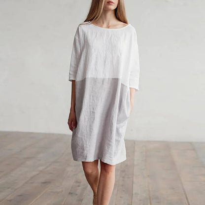 Women's A-Line Dress - 100% Linen - Boat Neck - 3/4 Sleeve - Casual Loose Fit