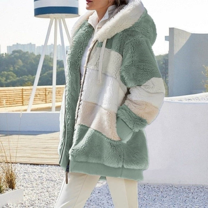Women's warm plush hooded coat with color contrast stripe