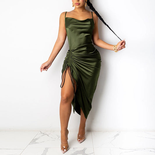 Ruffle Detail Long Satin Dress