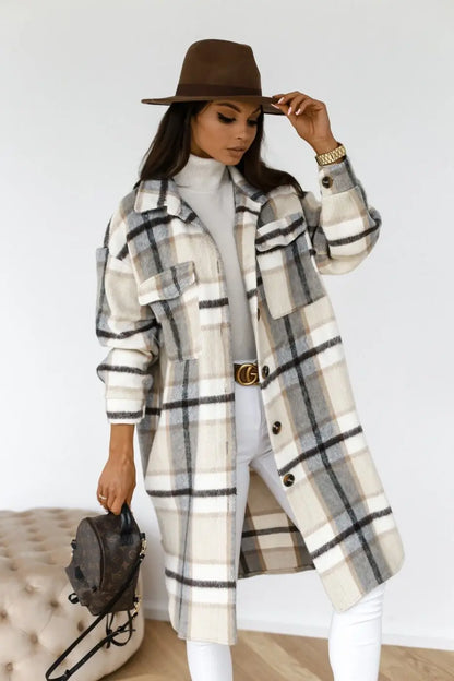 Women's plaid printed button down mid-length jacket