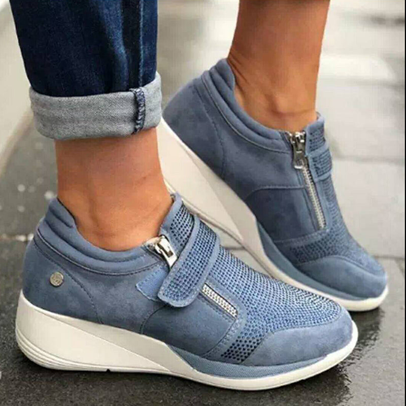 Women's Wedge Sneakers - Suede Upper - Side Zip & Velcro Strap - Casual Comfort