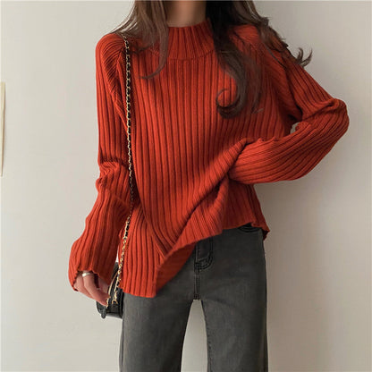 Women’s Knit Sweater - Ribbed Texture - Mock Turtleneck - Long Sleeve Relaxed Fit