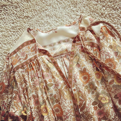 Women's Bohemian Blouse - Floral Print - Long Sleeve - Loose Fit - V-Neck Tassel Detail