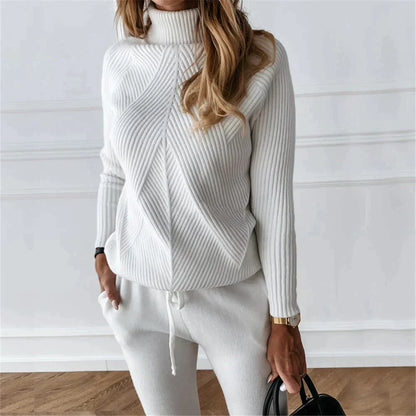Women's Knit Loungewear Set – Ribbed Sweater – High Neck – Tapered Jogger Pants
