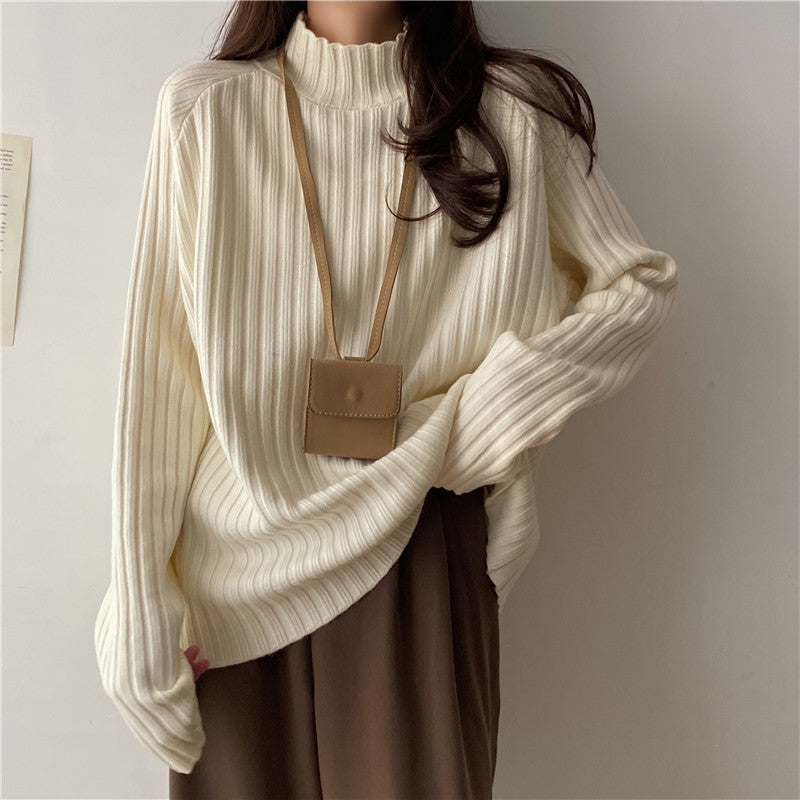 Women’s Knit Sweater - Ribbed Texture - Mock Turtleneck - Long Sleeve Relaxed Fit