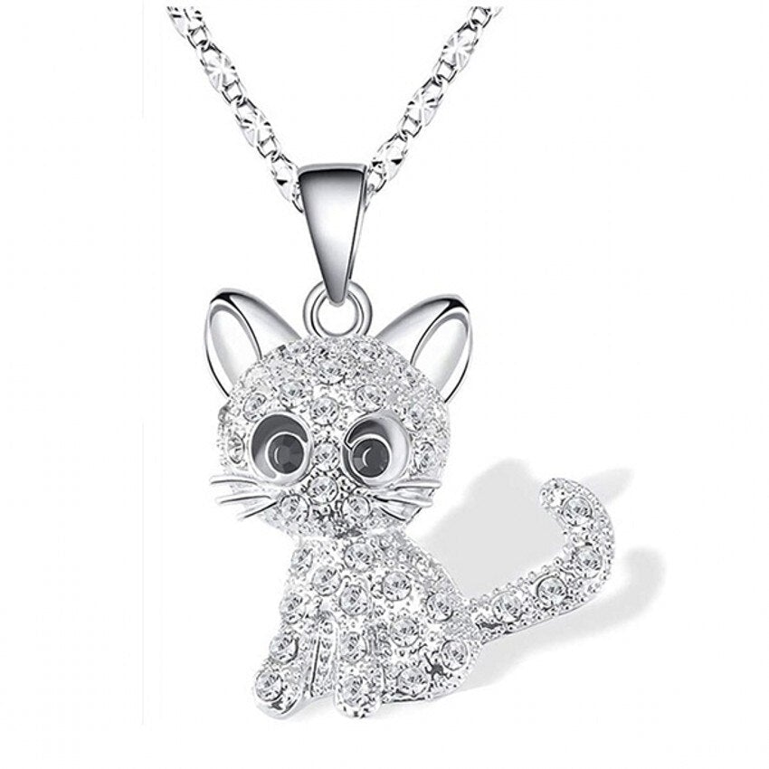 Playful kitten necklace with colorful zirconia