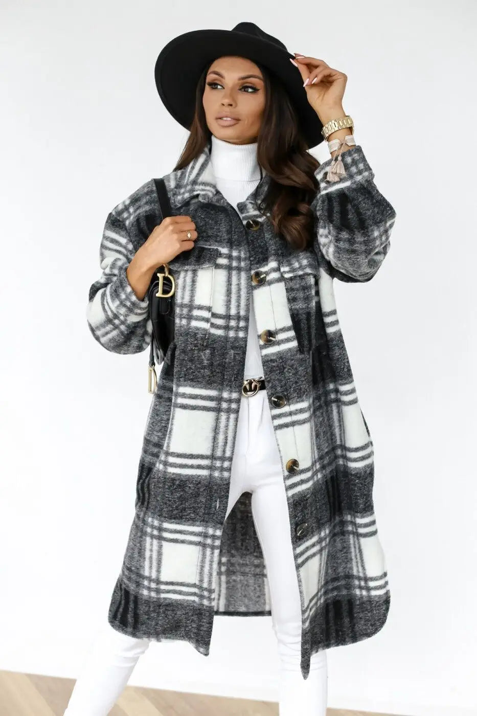 Women's plaid printed button down mid-length jacket