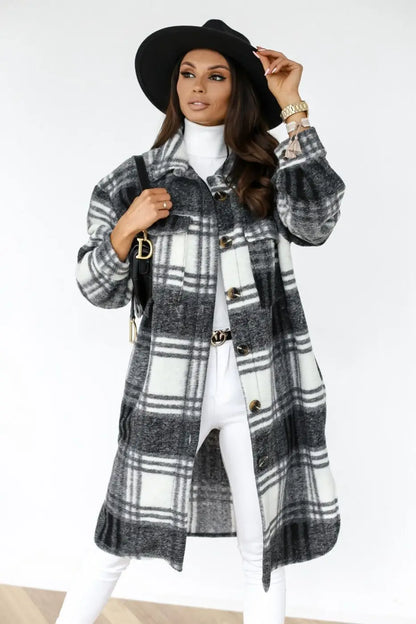 Women's plaid printed button down mid-length jacket