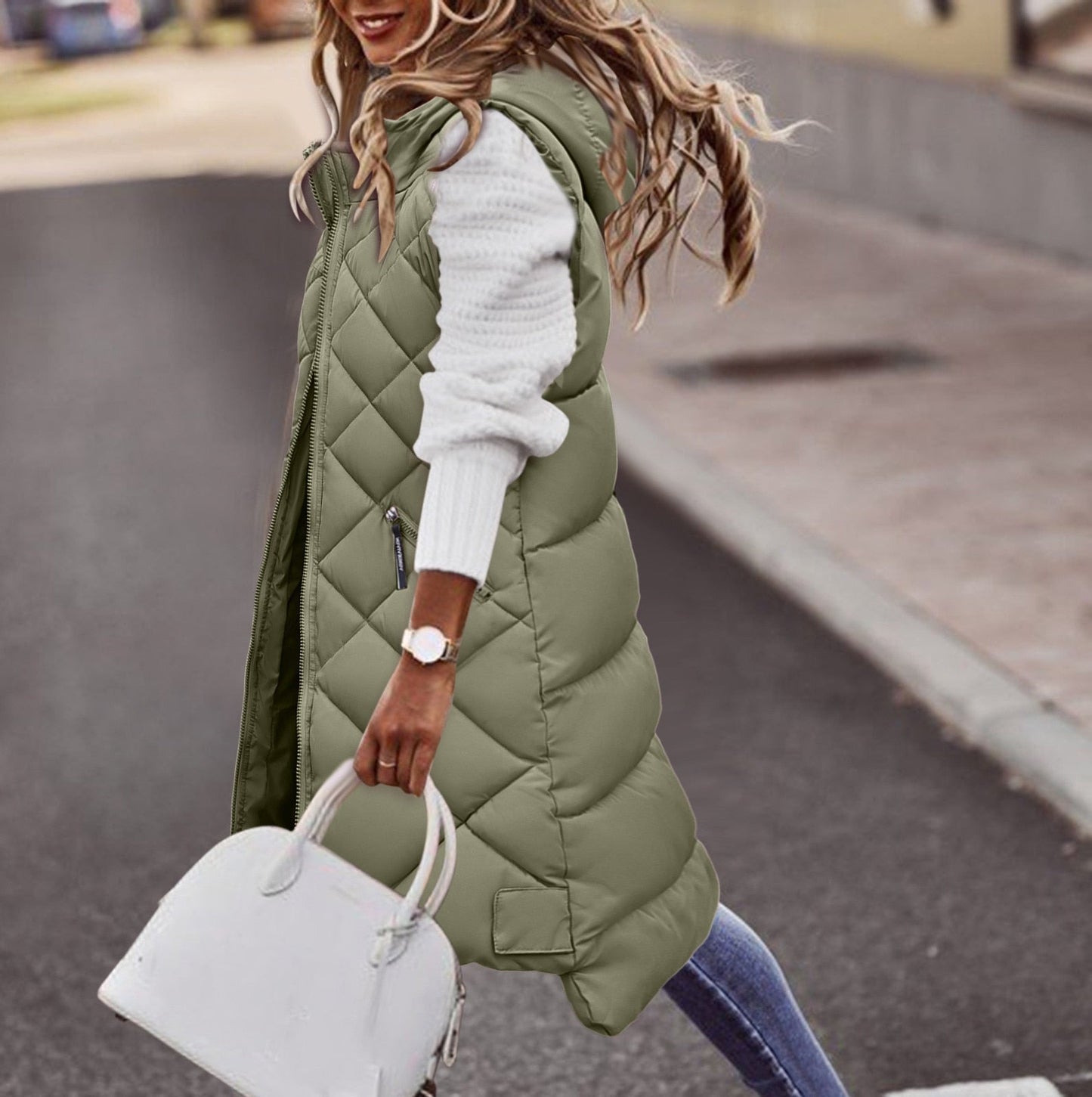 Women’s Quilted Vest – Long Fit – Hooded – Zipper Front – Relaxed Silhouette