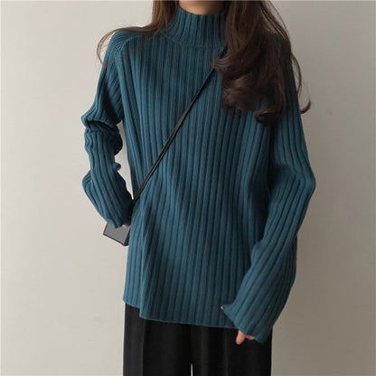 Women’s Knit Sweater - Ribbed Texture - Mock Turtleneck - Long Sleeve Relaxed Fit